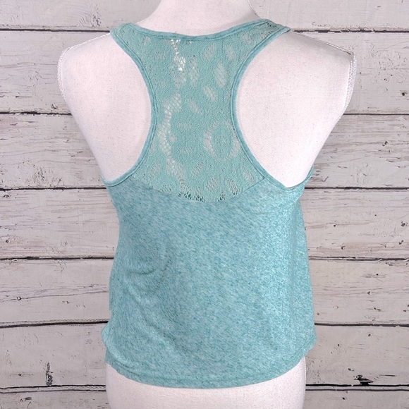 FULL TILT Crochet Trim Tank Top Heather Teal Green-Small - Picture 3 of 3